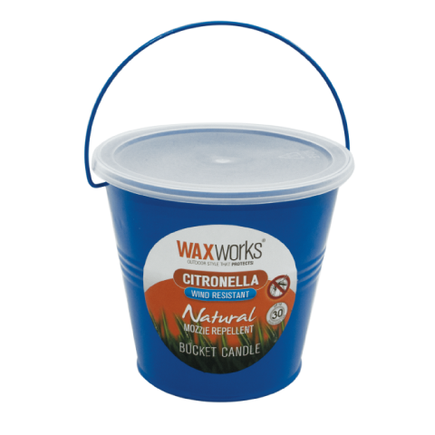 COLOURED METAL BUCKET CITRONELLA CANDLE WITH WIND RESISTANT WICK