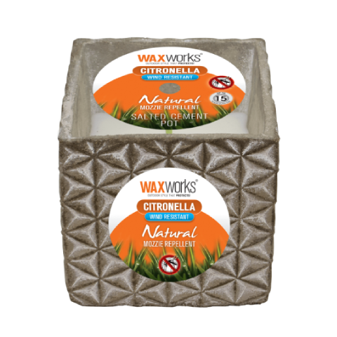 SALTED CEMENT CITRONELLA CANDLE SQUARE POT WITH WIND RESISTANT WICK