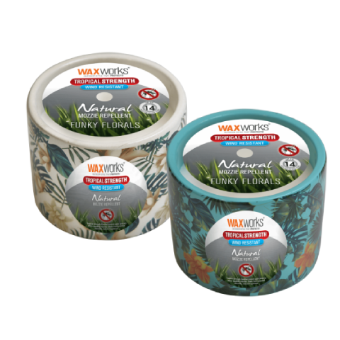 TROPICAL STRENGTH FUNKY FLORALS CITRONELLA CANDLE WITH WIND RESISTANT WICK